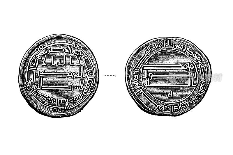 哈伦拉希德(Harun al-Rashid)于公元170年(公元786年)在麦迪纳特萨拉姆(巴格达)铸造的银迪拉姆。在背面，内页上写着:“奉上帝的奴隶，哈伦，忠实的指挥官之命”。